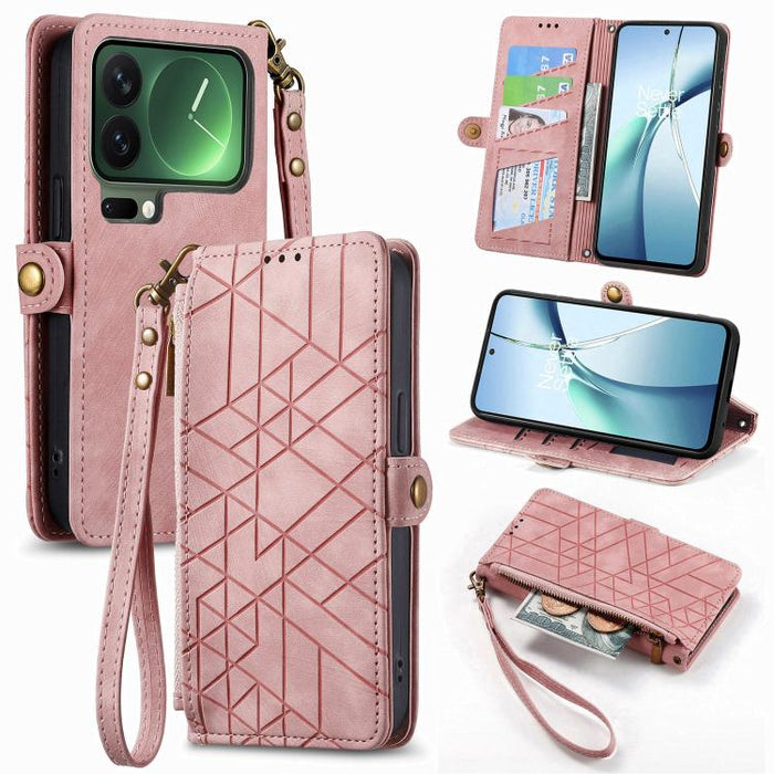 Estuche para teléfono de cuero con hebilla lateral y billetera con cremallera geométrica, For Xiaomi 17 Pro Max, For Xiaomi 17 Pro, For Xiaomi 17, For Xiaomi Poco M7 4G 169mm, For Redmi 15C 5G / 4G Glodal 171mm, For Xiaomi 15T Pro, For Xiaomi 15T      ...