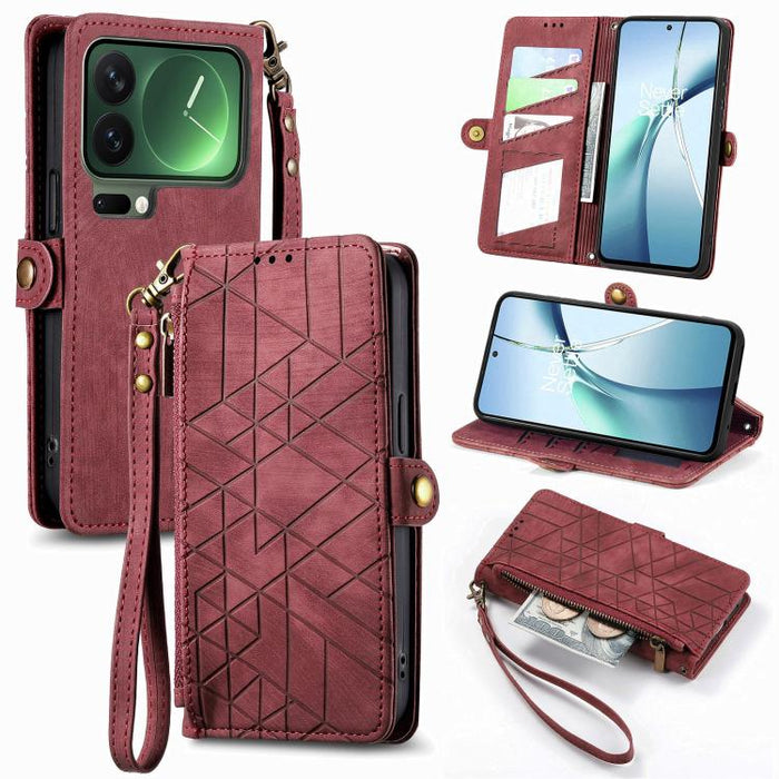 Estuche para teléfono de cuero con hebilla lateral y billetera con cremallera geométrica, For Xiaomi 17 Pro Max, For Xiaomi 17 Pro, For Xiaomi 17, For Xiaomi Poco M7 4G 169mm, For Redmi 15C 5G / 4G Glodal 171mm, For Xiaomi 15T Pro, For Xiaomi 15T      ...