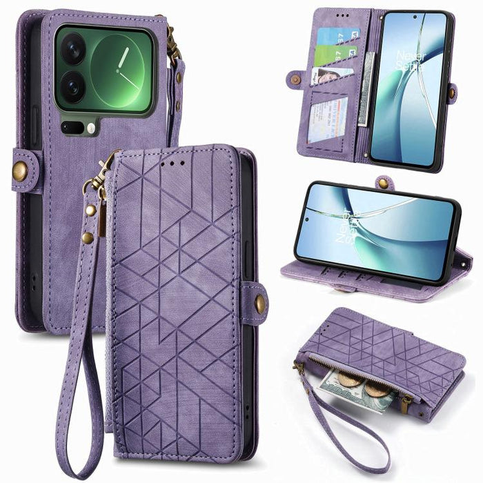 Estuche para teléfono de cuero con hebilla lateral y billetera con cremallera geométrica, For Xiaomi 17 Pro Max, For Xiaomi 17 Pro, For Xiaomi 17, For Xiaomi Poco M7 4G 169mm, For Redmi 15C 5G / 4G Glodal 171mm, For Xiaomi 15T Pro, For Xiaomi 15T      ...