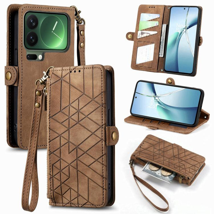 Estuche para teléfono de cuero con hebilla lateral y billetera con cremallera geométrica, For Xiaomi 17 Pro Max, For Xiaomi 17 Pro, For Xiaomi 17, For Xiaomi Poco M7 4G 169mm, For Redmi 15C 5G / 4G Glodal 171mm, For Xiaomi 15T Pro, For Xiaomi 15T      ...
