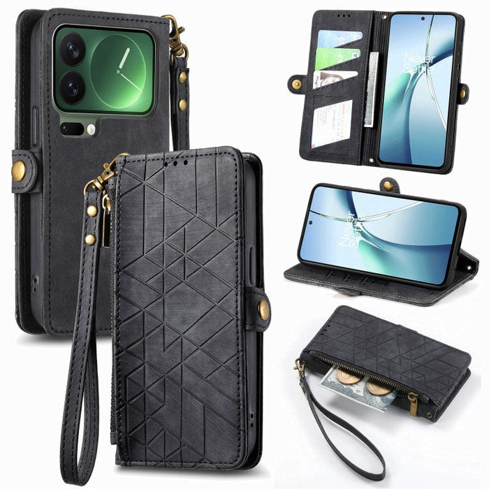 Estuche para teléfono de cuero con hebilla lateral y billetera con cremallera geométrica, For Xiaomi 17 Pro Max, For Xiaomi 17 Pro, For Xiaomi 17, For Xiaomi Poco M7 4G 169mm, For Redmi 15C 5G / 4G Glodal 171mm, For Xiaomi 15T Pro, For Xiaomi 15T      ...