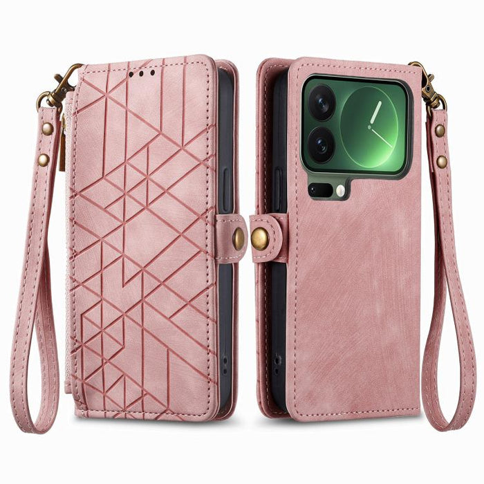 Estuche para teléfono de cuero con hebilla lateral y billetera con cremallera geométrica, For Xiaomi 17 Pro Max, For Xiaomi 17 Pro, For Xiaomi 17, For Xiaomi Poco M7 4G 169mm, For Redmi 15C 5G / 4G Glodal 171mm, For Xiaomi 15T Pro, For Xiaomi 15T      ...