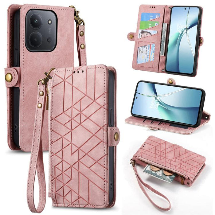 Estuche para teléfono de cuero con hebilla lateral y billetera con cremallera geométrica, For Xiaomi 17 Pro Max, For Xiaomi 17 Pro, For Xiaomi 17, For Xiaomi Poco M7 4G 169mm, For Redmi 15C 5G / 4G Glodal 171mm, For Xiaomi 15T Pro, For Xiaomi 15T      ...