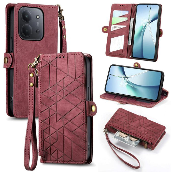 Estuche para teléfono de cuero con hebilla lateral y billetera con cremallera geométrica, For Xiaomi 17 Pro Max, For Xiaomi 17 Pro, For Xiaomi 17, For Xiaomi Poco M7 4G 169mm, For Redmi 15C 5G / 4G Glodal 171mm, For Xiaomi 15T Pro, For Xiaomi 15T      ...