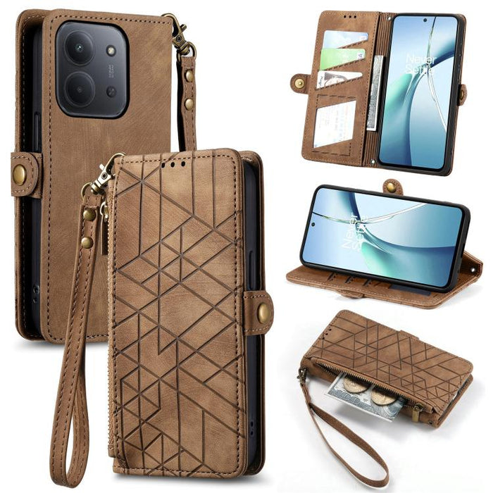 Estuche para teléfono de cuero con hebilla lateral y billetera con cremallera geométrica, For Xiaomi 17 Pro Max, For Xiaomi 17 Pro, For Xiaomi 17, For Xiaomi Poco M7 4G 169mm, For Redmi 15C 5G / 4G Glodal 171mm, For Xiaomi 15T Pro, For Xiaomi 15T      ...