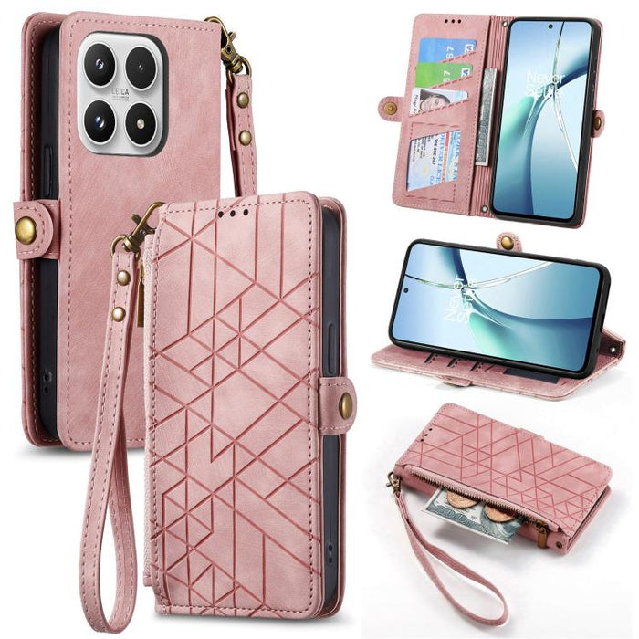 Estuche para teléfono de cuero con hebilla lateral y billetera con cremallera geométrica, For Xiaomi 17 Pro Max, For Xiaomi 17 Pro, For Xiaomi 17, For Xiaomi Poco M7 4G 169mm, For Redmi 15C 5G / 4G Glodal 171mm, For Xiaomi 15T Pro, For Xiaomi 15T      ...