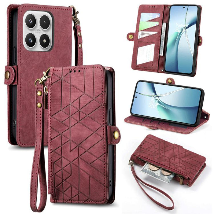 Estuche para teléfono de cuero con hebilla lateral y billetera con cremallera geométrica, For Xiaomi 17 Pro Max, For Xiaomi 17 Pro, For Xiaomi 17, For Xiaomi Poco M7 4G 169mm, For Redmi 15C 5G / 4G Glodal 171mm, For Xiaomi 15T Pro, For Xiaomi 15T      ...