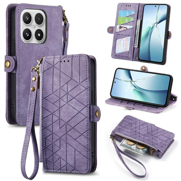 Estuche para teléfono de cuero con hebilla lateral y billetera con cremallera geométrica, For Xiaomi 17 Pro Max, For Xiaomi 17 Pro, For Xiaomi 17, For Xiaomi Poco M7 4G 169mm, For Redmi 15C 5G / 4G Glodal 171mm, For Xiaomi 15T Pro, For Xiaomi 15T      ...