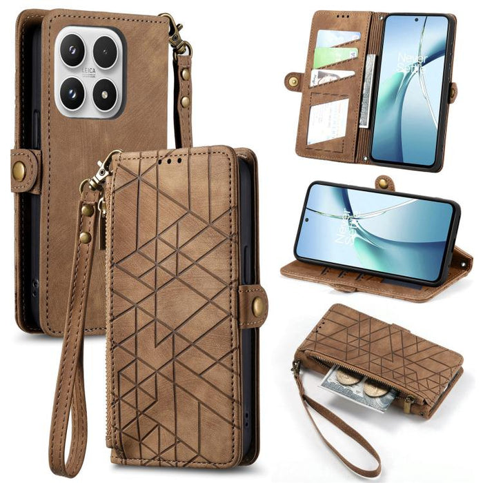 Estuche para teléfono de cuero con hebilla lateral y billetera con cremallera geométrica, For Xiaomi 17 Pro Max, For Xiaomi 17 Pro, For Xiaomi 17, For Xiaomi Poco M7 4G 169mm, For Redmi 15C 5G / 4G Glodal 171mm, For Xiaomi 15T Pro, For Xiaomi 15T      ...