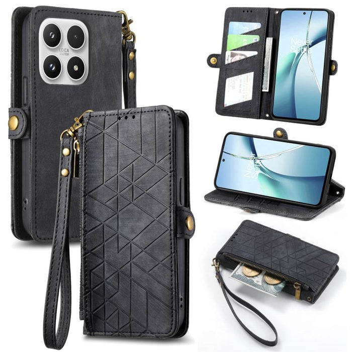 Estuche para teléfono de cuero con hebilla lateral y billetera con cremallera geométrica, For Xiaomi 17 Pro Max, For Xiaomi 17 Pro, For Xiaomi 17, For Xiaomi Poco M7 4G 169mm, For Redmi 15C 5G / 4G Glodal 171mm, For Xiaomi 15T Pro, For Xiaomi 15T      ...