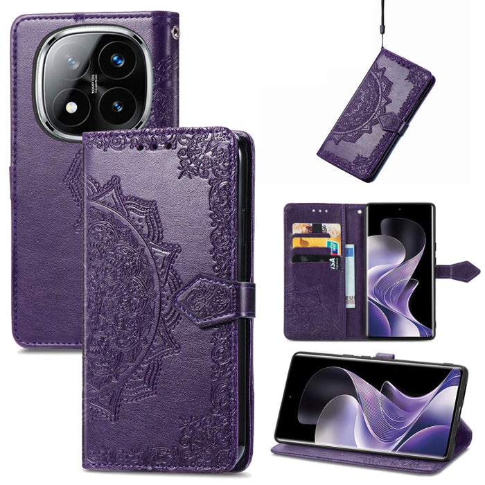 Funda de cuero para teléfono con estampado de flores de mandala, For Xiaomi Redmi Note 14 Pro+ 5G, For Xiaomi Redmi Note 14 Pro 5G, For Redmi 15C 5G / 4G Glodal 171mm