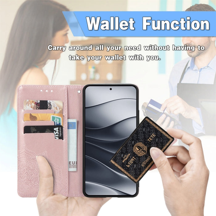 Funda de cuero para teléfono con estampado de flores de mandala, For Xiaomi Redmi Note 14 Pro+ 5G, For Xiaomi Redmi Note 14 Pro 5G, For Redmi 15C 5G / 4G Glodal 171mm