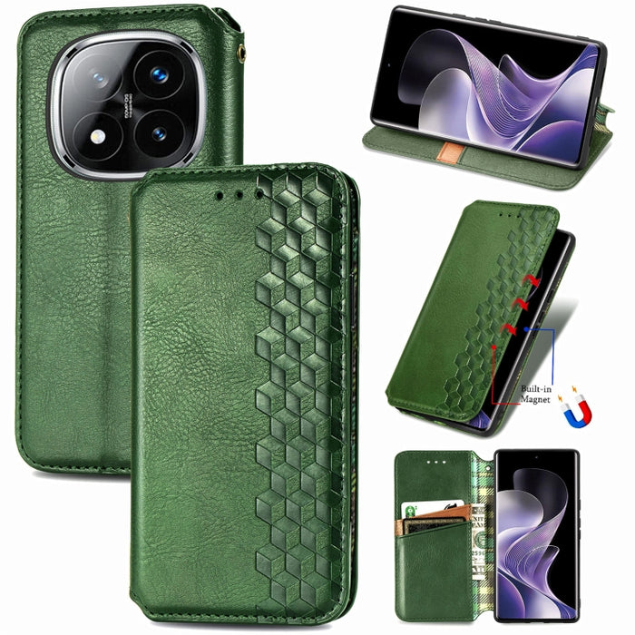 Funda de cuero magnética para teléfono con rejilla cúbica prensada, For Xiaomi Redmi Note 14 Pro+ 5G, For Xiaomi Redmi Note 14 Pro 5G, For Redmi 15C 5G / 4G Glodal 171mm