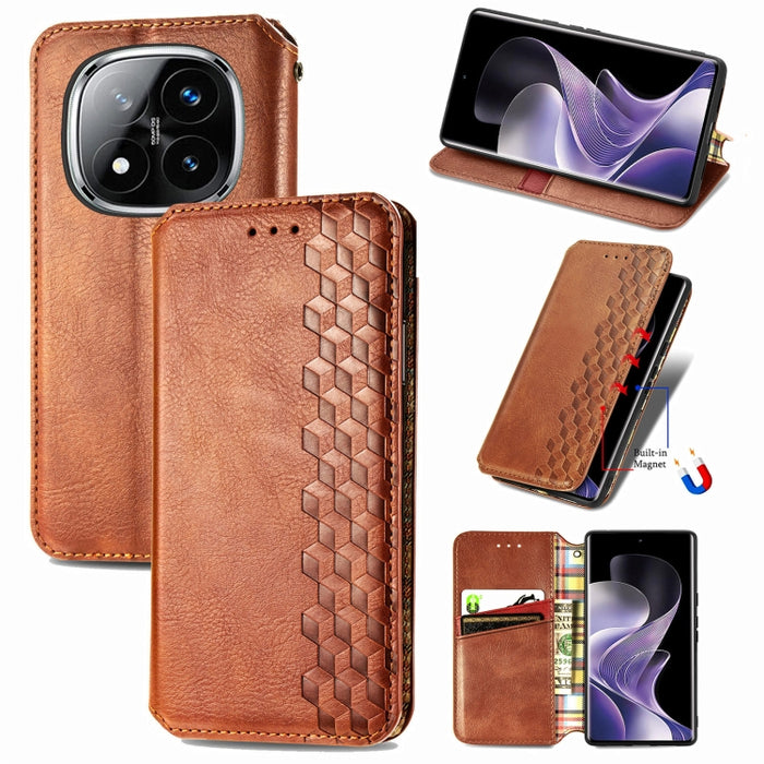 Funda de cuero magnética para teléfono con rejilla cúbica prensada, For Xiaomi Redmi Note 14 Pro+ 5G, For Xiaomi Redmi Note 14 Pro 5G, For Redmi 15C 5G / 4G Glodal 171mm