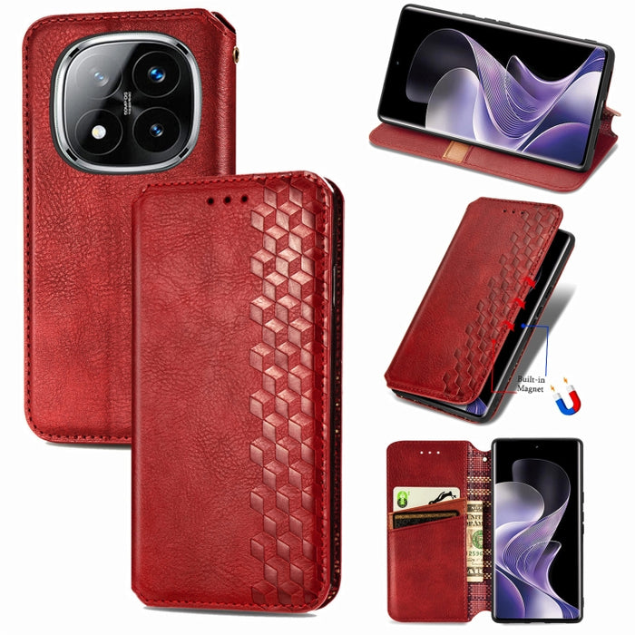Funda de cuero magnética para teléfono con rejilla cúbica prensada, For Xiaomi Redmi Note 14 Pro+ 5G, For Xiaomi Redmi Note 14 Pro 5G, For Redmi 15C 5G / 4G Glodal 171mm
