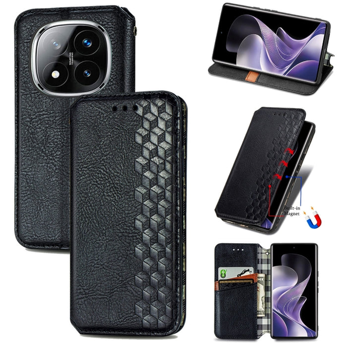 Funda de cuero magnética para teléfono con rejilla cúbica prensada, For Xiaomi Redmi Note 14 Pro+ 5G, For Xiaomi Redmi Note 14 Pro 5G, For Redmi 15C 5G / 4G Glodal 171mm