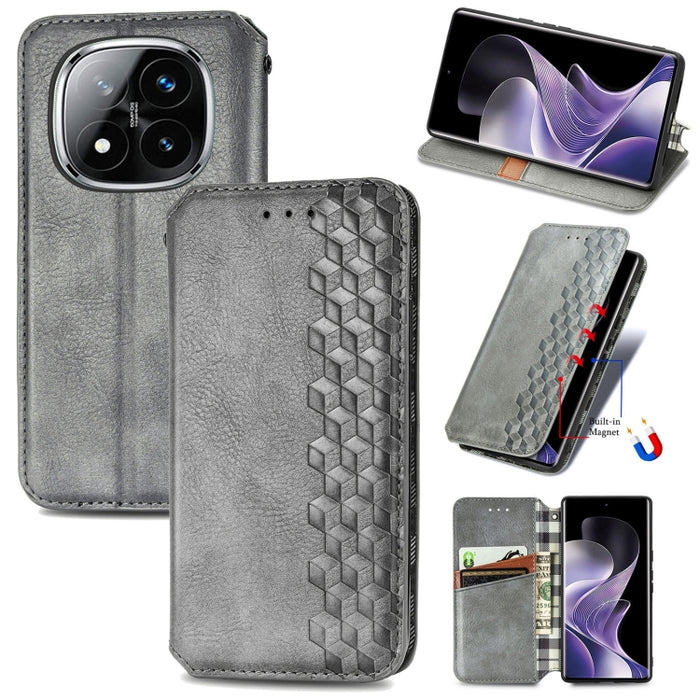 Funda de cuero magnética para teléfono con rejilla cúbica prensada, For Xiaomi Redmi Note 14 Pro+ 5G, For Xiaomi Redmi Note 14 Pro 5G, For Redmi 15C 5G / 4G Glodal 171mm