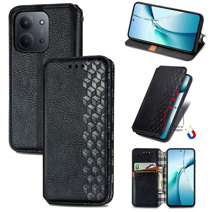 Funda de cuero magnética para teléfono con rejilla cúbica prensada, For Xiaomi Redmi Note 14 Pro+ 5G, For Xiaomi Redmi Note 14 Pro 5G, For Redmi 15C 5G / 4G Glodal 171mm
