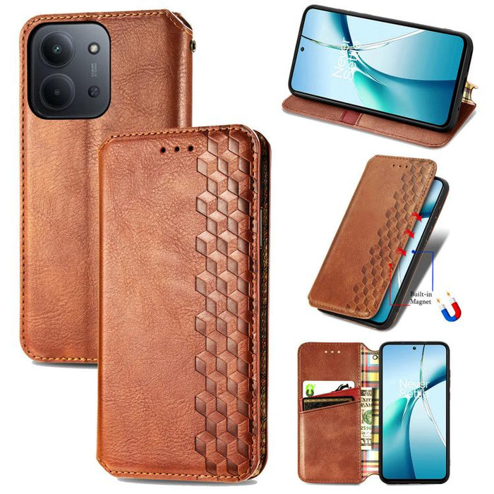 Funda de cuero magnética para teléfono con rejilla cúbica prensada, For Xiaomi Redmi Note 14 Pro+ 5G, For Xiaomi Redmi Note 14 Pro 5G, For Redmi 15C 5G / 4G Glodal 171mm