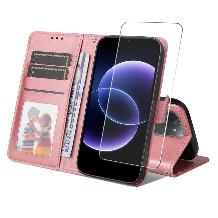ENKAY - Funda para teléfono con tarjetero de piel de becerro con textura y película protectora, For Redmi 15 5G Global / 15 4G SEA 169.5mm, For Redmi 15 5G / 4G EU 171mm, For Redmi 15C 5G / 4G Global 171mm, For Redmi 15C 5G / 4G EU 173mm               ...