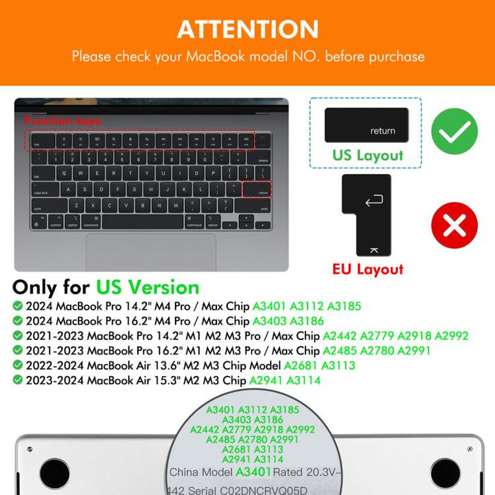 Funda para teclado ENKAY versión estadounidense con película protectora de silicona suave, For MacBook Pro 14.2 / Pro 16.2 / Air 13.6 / Air 15.3 / Pro 14.2 2025 M5 (A3434), For MacBook Pro 13.3 (A2289/A2338) / Pro 16 (A2141) / Pro 14.2 2025 M5 (A3434)