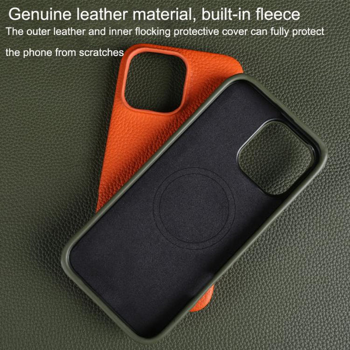 Litchi Texture Genuine Leather MagSafe Back Phone Case, For iPhone 16 Pro Max, For iPhone 15 Pro Max, For iPhone 14 Pro Max