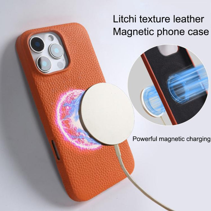 Litchi Texture Genuine Leather MagSafe Back Phone Case, For iPhone 16 Pro Max, For iPhone 15 Pro Max, For iPhone 14 Pro Max