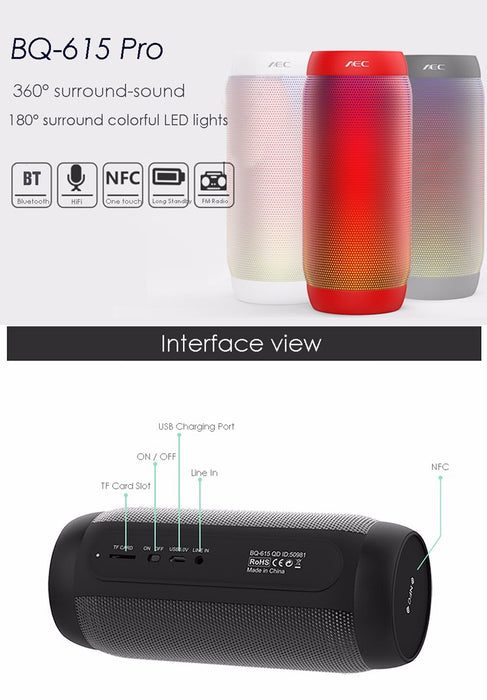 BQ615 PRO Altavoz estéreo HiFi inalámbrico LED colorido, combina Bluetooth + reproductor de tarjetas TF + radio FM + AUX + NFC