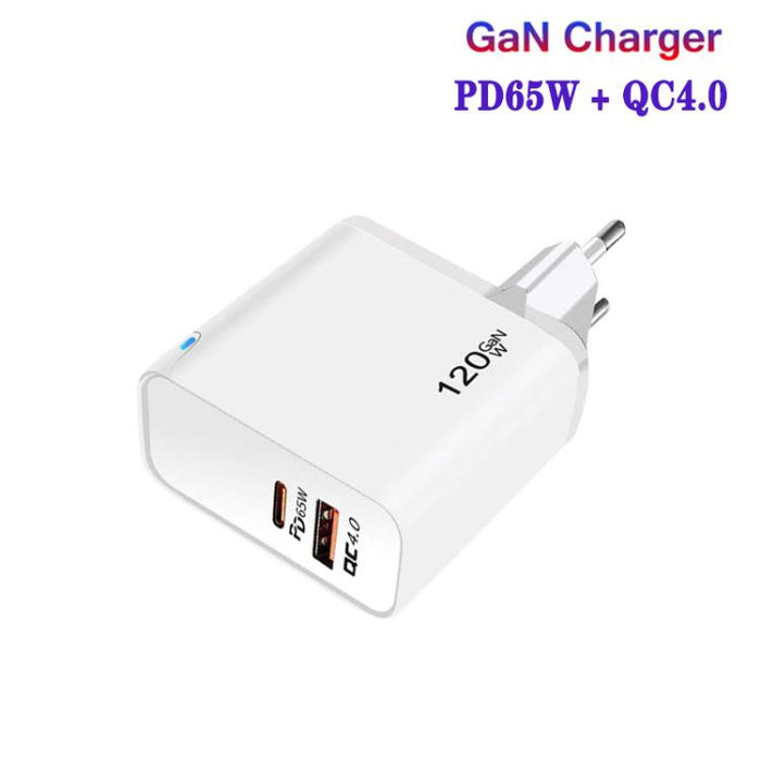 Cargador TE-PD65 GaN PD de 65 W + USB QC4.0 con protocolo totalmente compatible y enchufe europeo.