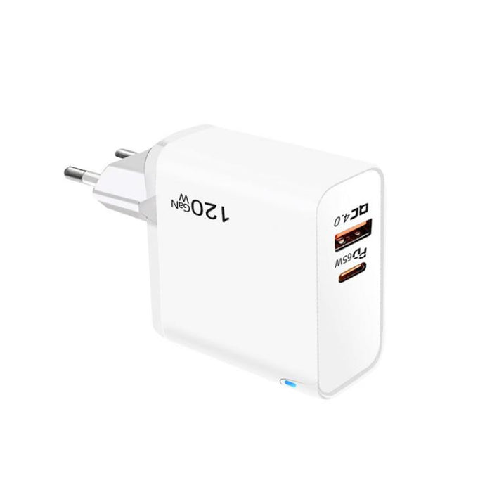 Cargador TE-PD65 GaN PD de 65 W + USB QC4.0 con protocolo totalmente compatible y enchufe europeo.