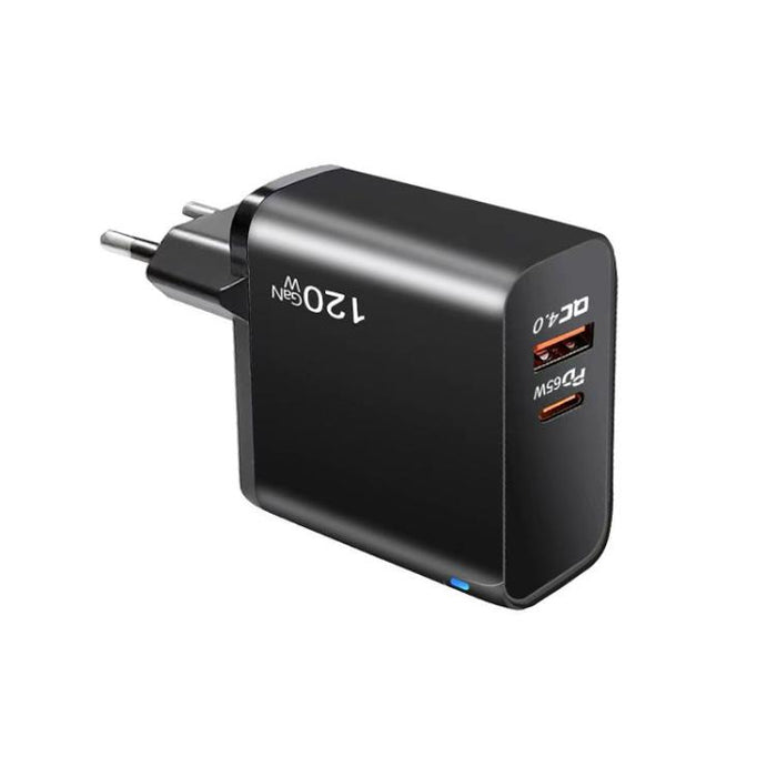Cargador TE-PD65 GaN PD de 65 W + USB QC4.0 con protocolo totalmente compatible y enchufe europeo.