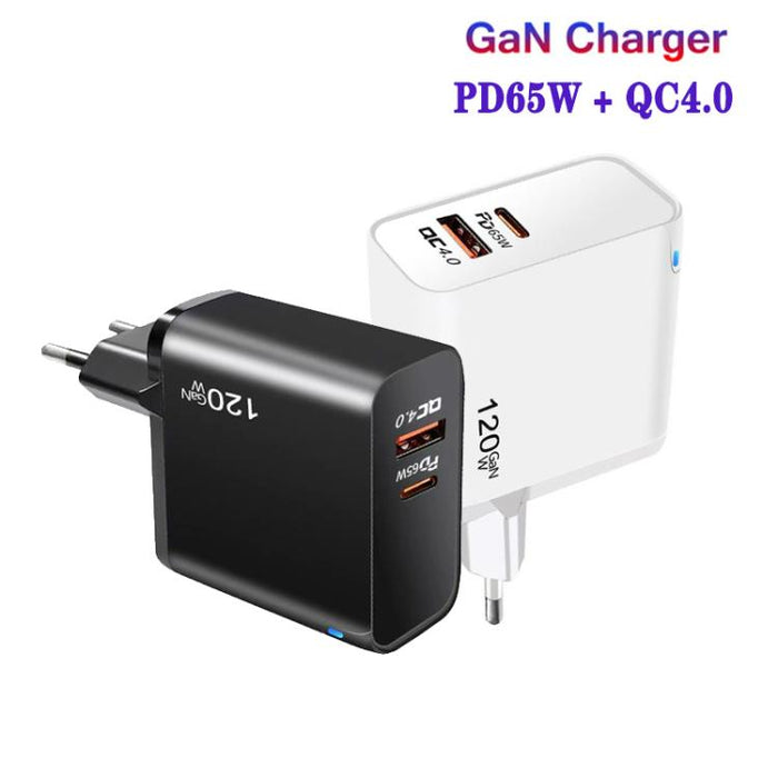 Cargador TE-PD65 GaN PD de 65 W + USB QC4.0 con protocolo totalmente compatible y enchufe europeo.