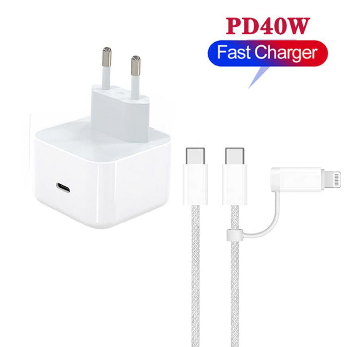 Cargador USB-C/Tipo-C PD40W A3365 con cable de datos Tipo-C a Tipo-C/8 pines, enchufe europeo., EU Plug + 1m 2-in-1 Cable