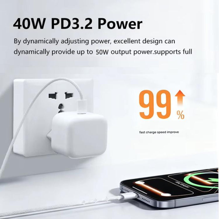 Cargador USB-C/Tipo-C PD40W A3365 con cable de datos Tipo-C a Tipo-C/8 pines, enchufe europeo., EU Plug + 1m 2-in-1 Cable