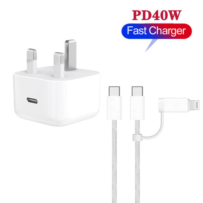 Cargador USB-C/Tipo-C PD40W A3365 con cable de datos Tipo-C a Tipo-C/8 pines, enchufe británico., UK Plug + 1m 2-in-1 Cable
