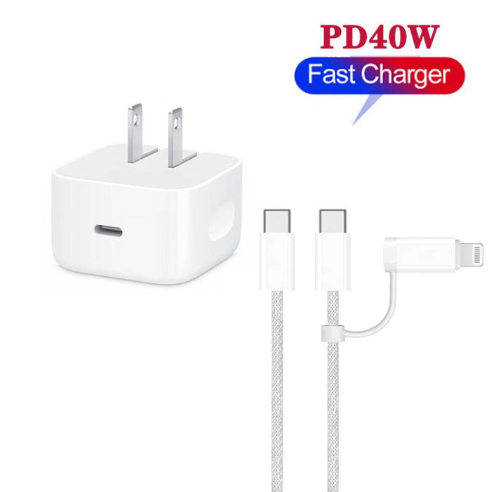 Cargador USB-C/Tipo-C PD40W A3365 con cable de datos Tipo-C a Tipo-C/8 pines, enchufe estadounidense., US Plug + 1m 2-in-1 Cable