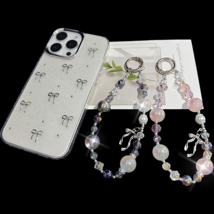 Elegante cadena de perlas y cristales con detalle de lazo de aleación dorada