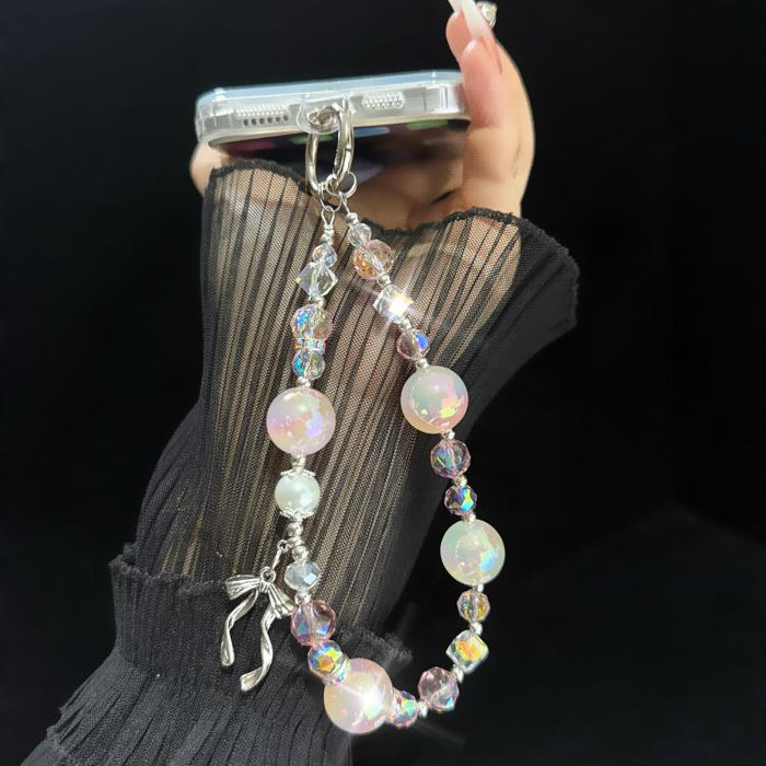 Elegante cadena de perlas y cristales con detalle de lazo de aleación dorada