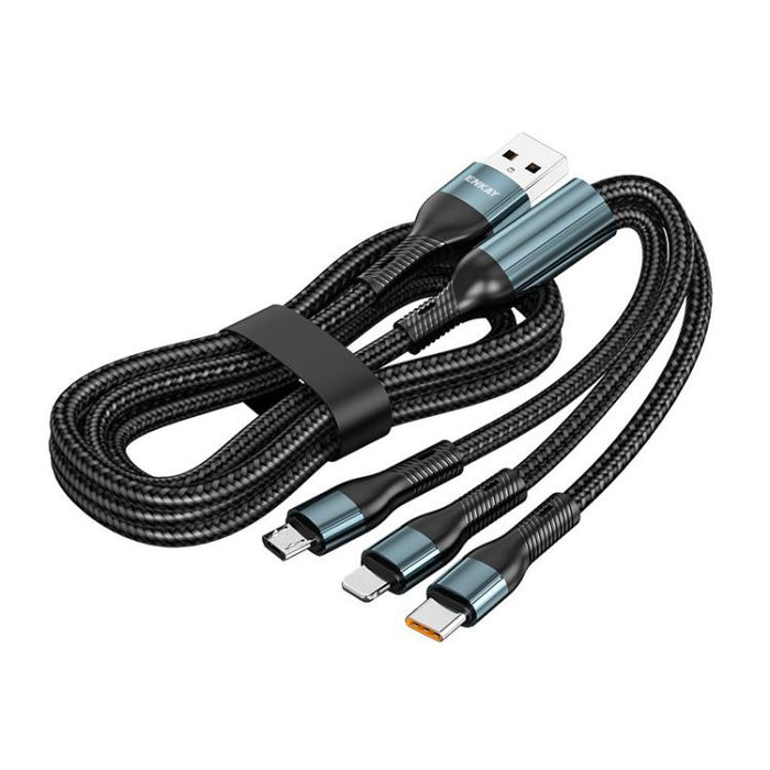 Cable de carga rápida ENKAY 3 en 1 de 120 W USB a 8 pines / Tipo-C / Micro USB, trenzado de nailon, longitud: 1,2 m, ENK-CB184
