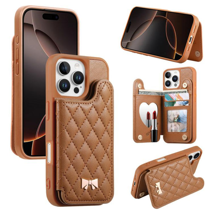 Mirror Rhombic Texture Metal Bow-knot Vegan Leather Card Bag Phone Case, For iPhone 17 Pro Max, For iPhone 17 Pro, For iPhone 17, For iPhone 16 Pro Max, For iPhone 16 Pro, For iPhone 16 Plus, For iPhone 16
