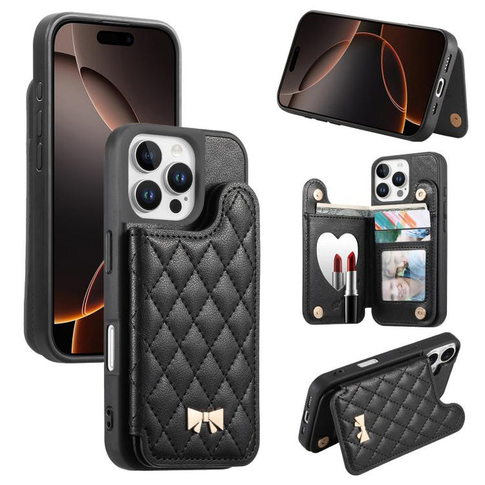 Mirror Rhombic Texture Metal Bow-knot Vegan Leather Card Bag Phone Case, For iPhone 17 Pro Max, For iPhone 17 Pro, For iPhone 17, For iPhone 16 Pro Max, For iPhone 16 Pro, For iPhone 16 Plus, For iPhone 16