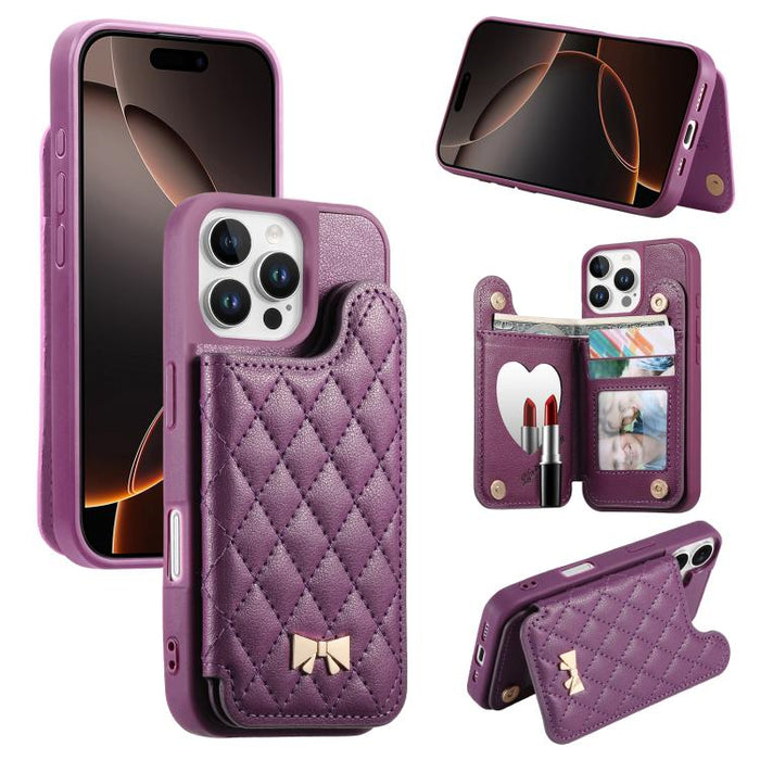 Mirror Rhombic Texture Metal Bow-knot Vegan Leather Card Bag Phone Case, For iPhone 17 Pro Max, For iPhone 17 Pro, For iPhone 17, For iPhone 16 Pro Max, For iPhone 16 Pro, For iPhone 16 Plus, For iPhone 16