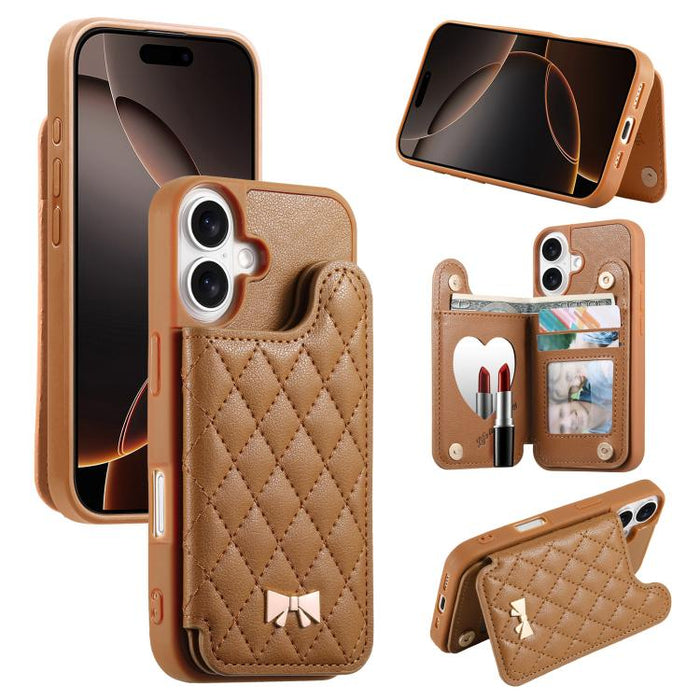 Mirror Rhombic Texture Metal Bow-knot Vegan Leather Card Bag Phone Case, For iPhone 17 Pro Max, For iPhone 17 Pro, For iPhone 17, For iPhone 16 Pro Max, For iPhone 16 Pro, For iPhone 16 Plus, For iPhone 16