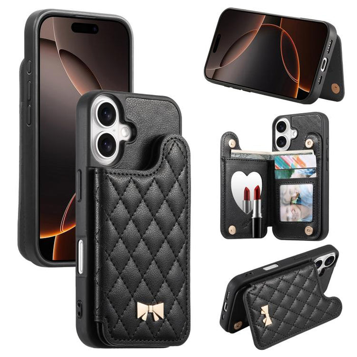 Mirror Rhombic Texture Metal Bow-knot Vegan Leather Card Bag Phone Case, For iPhone 17 Pro Max, For iPhone 17 Pro, For iPhone 17, For iPhone 16 Pro Max, For iPhone 16 Pro, For iPhone 16 Plus, For iPhone 16