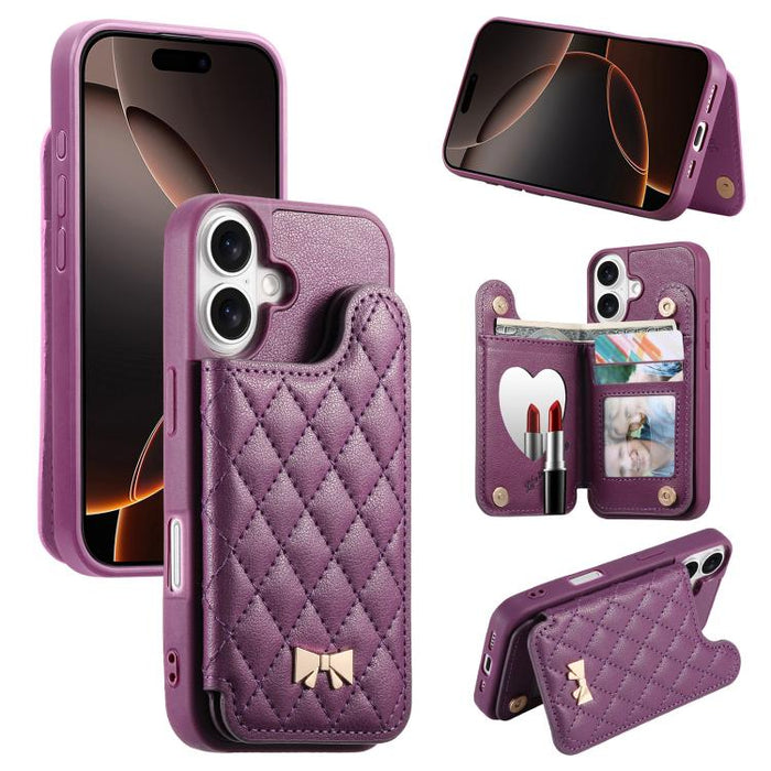 Mirror Rhombic Texture Metal Bow-knot Vegan Leather Card Bag Phone Case, For iPhone 17 Pro Max, For iPhone 17 Pro, For iPhone 17, For iPhone 16 Pro Max, For iPhone 16 Pro, For iPhone 16 Plus, For iPhone 16
