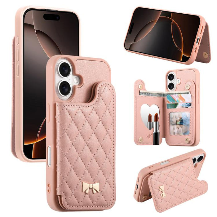 Mirror Rhombic Texture Metal Bow-knot Vegan Leather Card Bag Phone Case, For iPhone 17 Pro Max, For iPhone 17 Pro, For iPhone 17, For iPhone 16 Pro Max, For iPhone 16 Pro, For iPhone 16 Plus, For iPhone 16