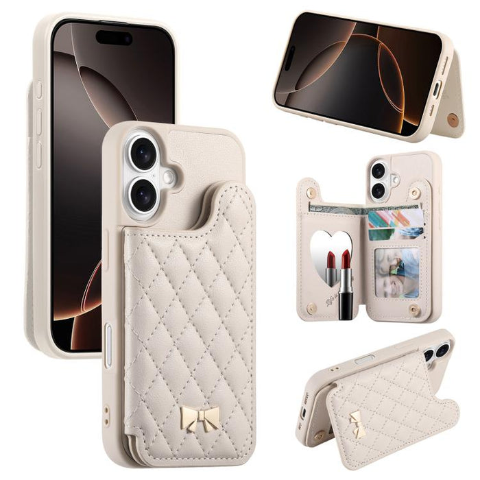 Mirror Rhombic Texture Metal Bow-knot Vegan Leather Card Bag Phone Case, For iPhone 17 Pro Max, For iPhone 17 Pro, For iPhone 17, For iPhone 16 Pro Max, For iPhone 16 Pro, For iPhone 16 Plus, For iPhone 16