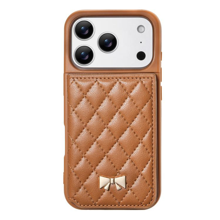 Mirror Rhombic Texture Metal Bow-knot Vegan Leather Card Bag Phone Case, For iPhone 17 Pro Max, For iPhone 17 Pro, For iPhone 17, For iPhone 16 Pro Max, For iPhone 16 Pro, For iPhone 16 Plus, For iPhone 16
