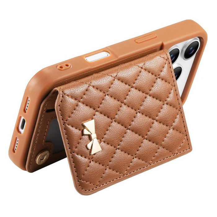 Mirror Rhombic Texture Metal Bow-knot Vegan Leather Card Bag Phone Case, For iPhone 17 Pro Max, For iPhone 17 Pro, For iPhone 17, For iPhone 16 Pro Max, For iPhone 16 Pro, For iPhone 16 Plus, For iPhone 16