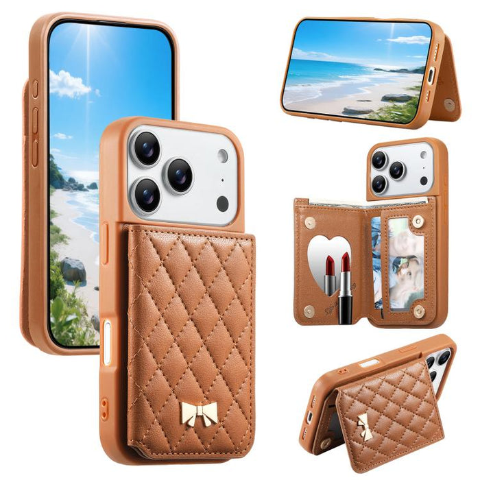 Mirror Rhombic Texture Metal Bow-knot Vegan Leather Card Bag Phone Case, For iPhone 17 Pro Max, For iPhone 17 Pro, For iPhone 17, For iPhone 16 Pro Max, For iPhone 16 Pro, For iPhone 16 Plus, For iPhone 16